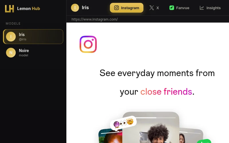 Lemon Hub sidebar with models, each with its own Instagram, X and Fanvue session